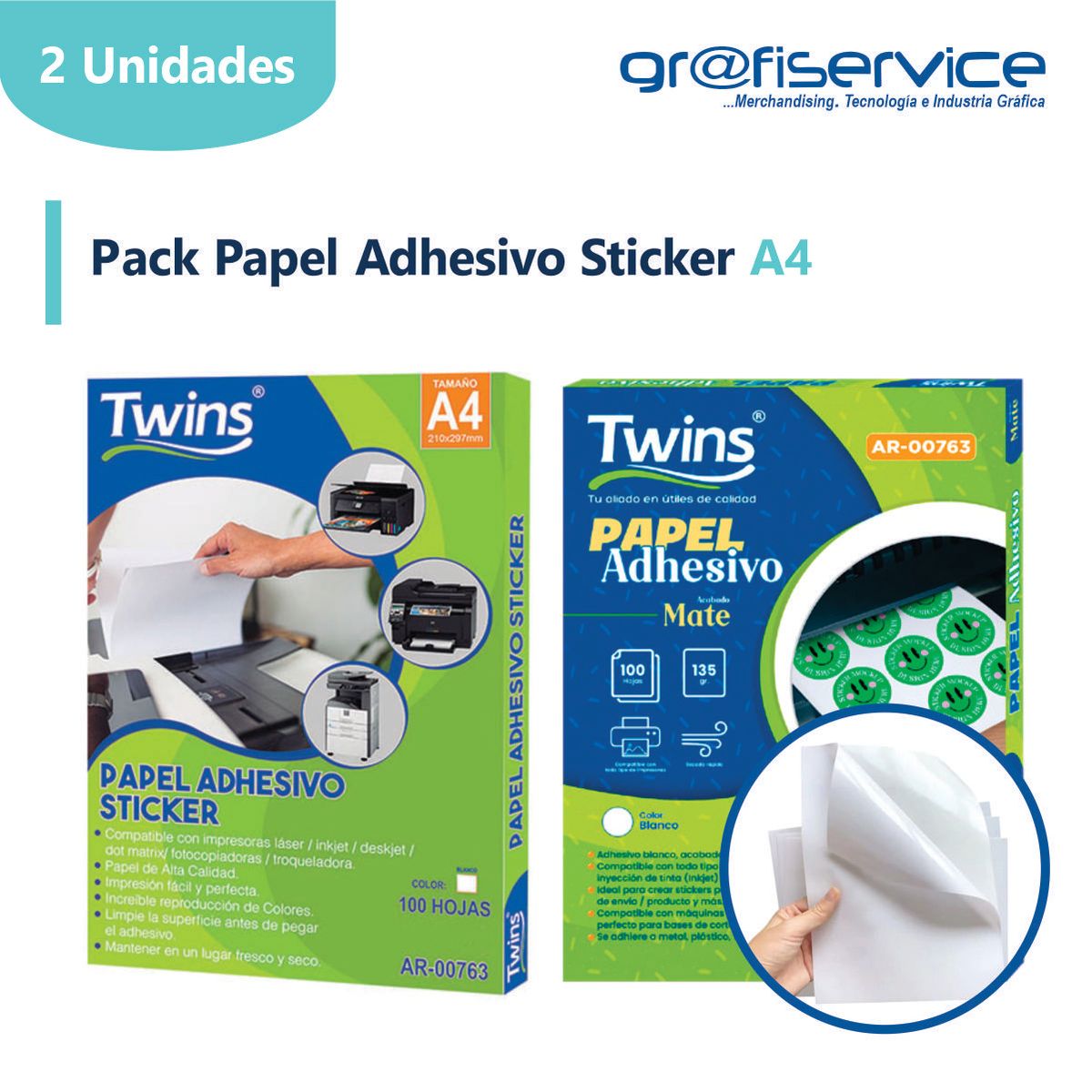 GENERICO - Pack Papel Adhesivo Sticker A4 Twins 100h Brillante y Mate