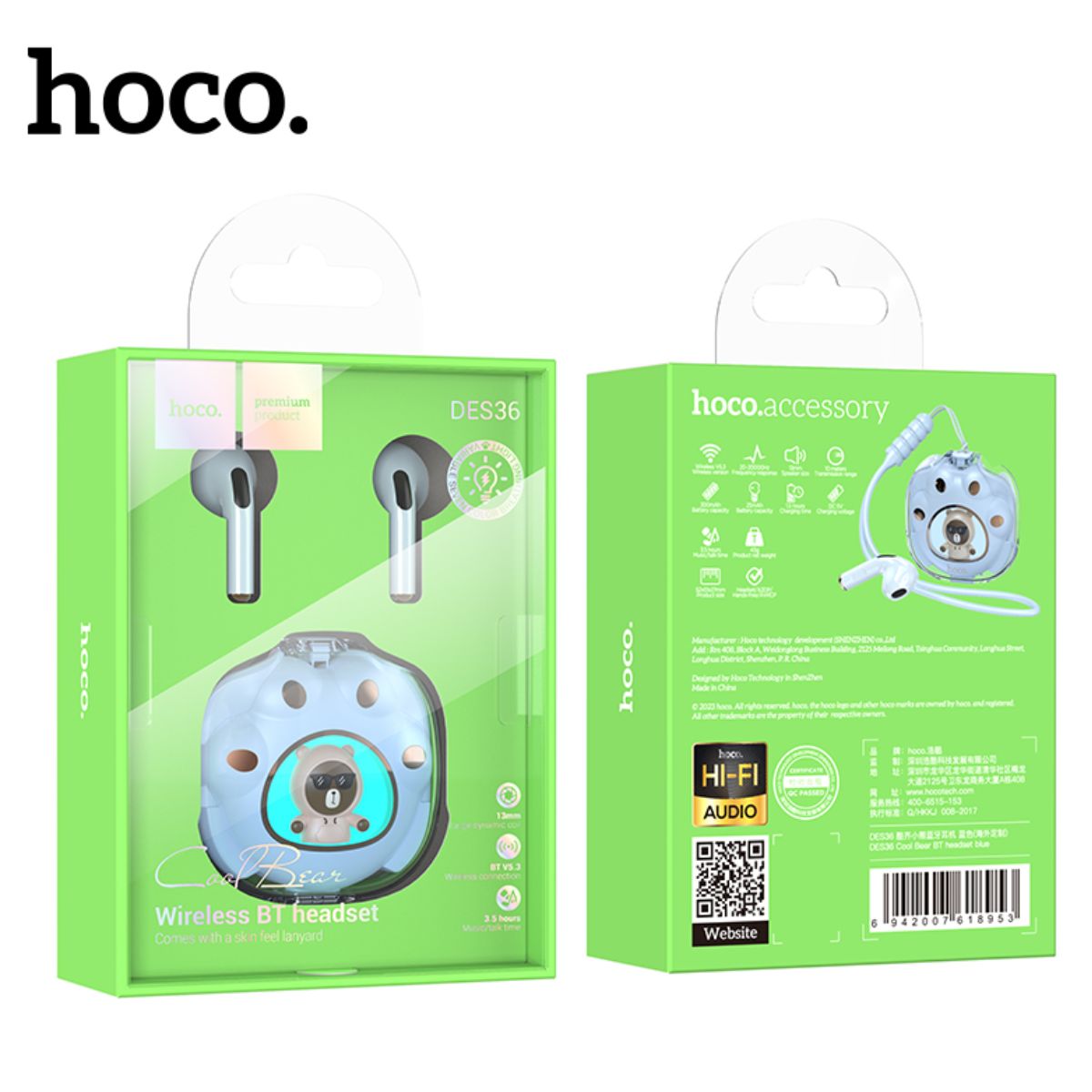 HOCO - Audífonos Bluetooth HOCO DES36 Cool Bear  Celeste