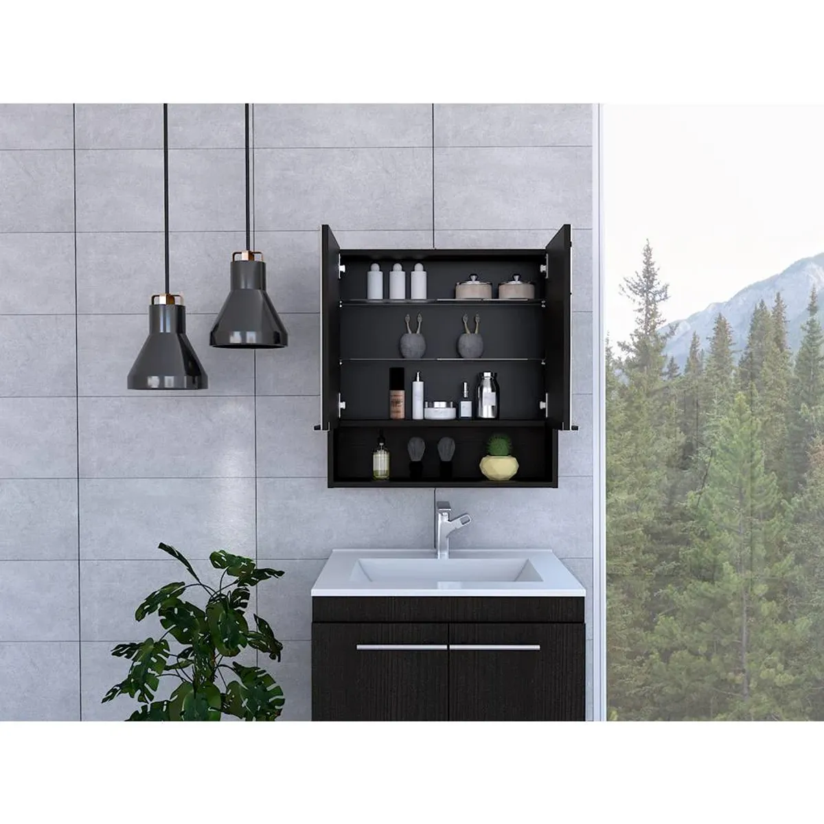 R&R MUEBLES - Gabinete Mueble de Baño Fara Wengue 2 Puertas y Espejo R&R MUEBLES