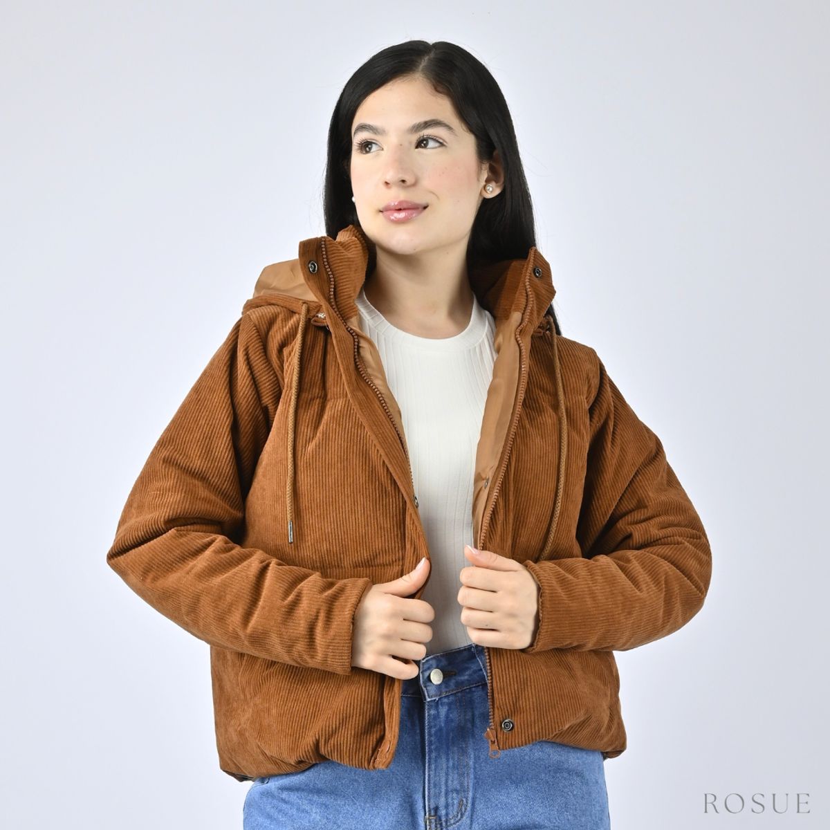 ROSUE - Casaca Corduroy con Capucha Desmontable Puff