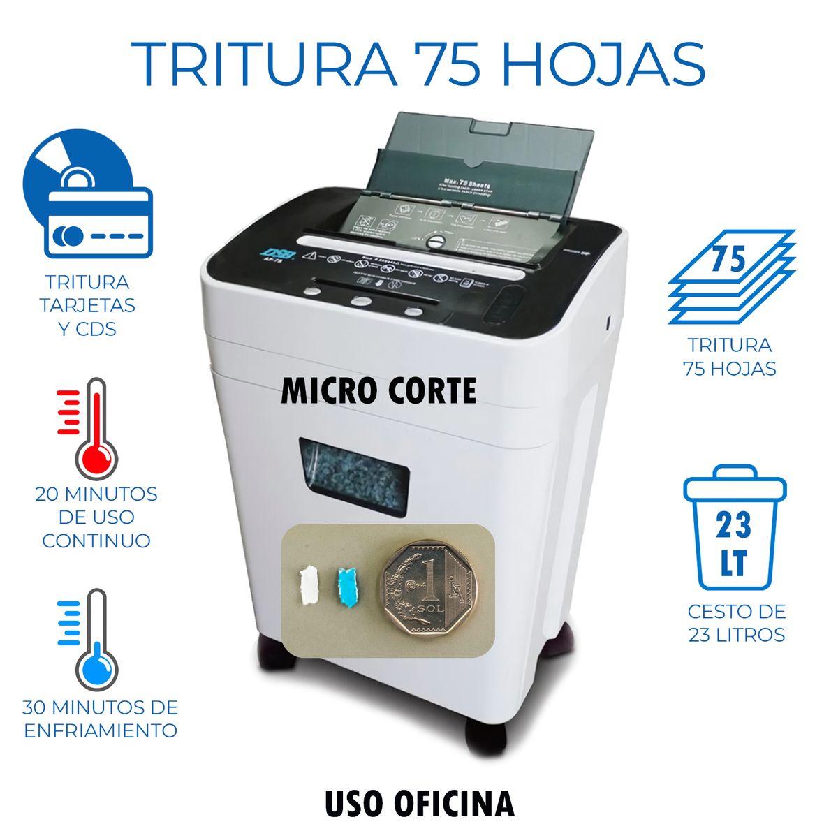 GENERICO - Trituradora de Papel Automatica 75 Hojas 23 L+ Lubricante