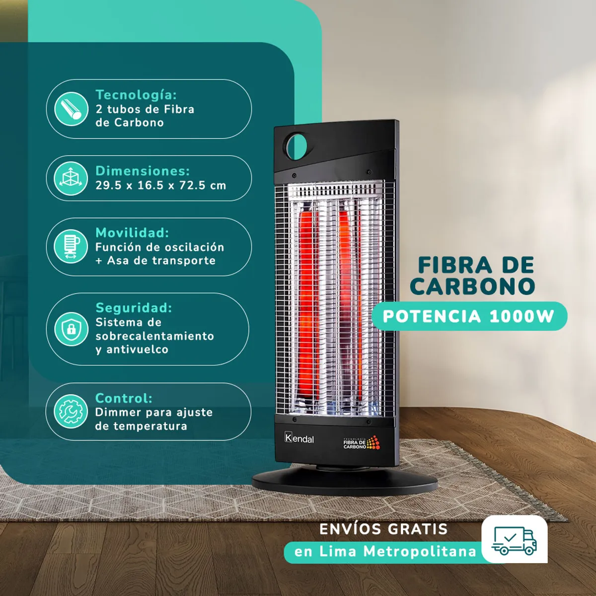 KENDAL - ESTUFA ELECTRICA FIBRA CARBONO KENDAL NSB-120K5 NEGRA 16 m2-1000w