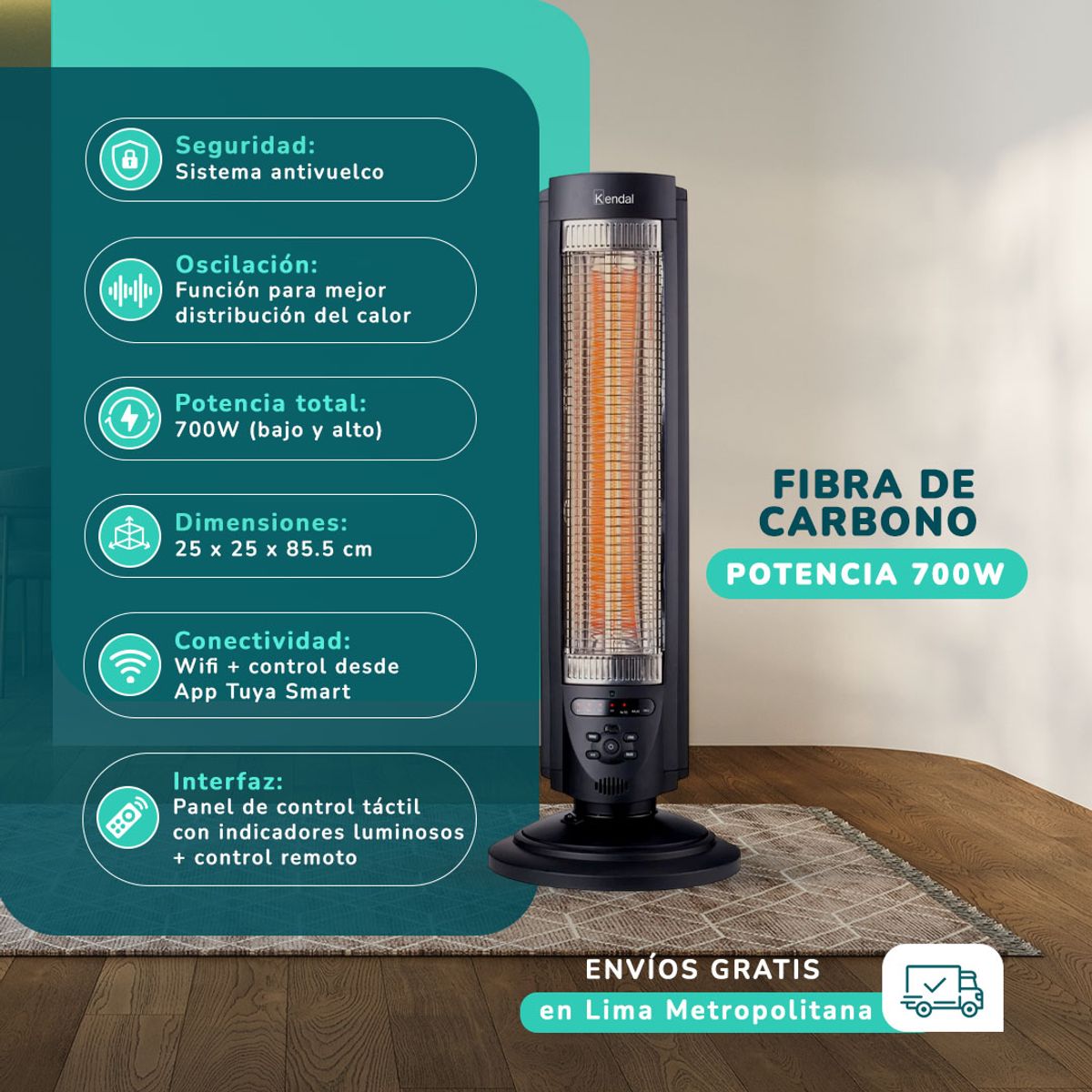 KENDAL - ESTUFA ELECTRICA FIBRA CARBONO KENDAL KFC- 600D  WIFI 14 m2-700 w