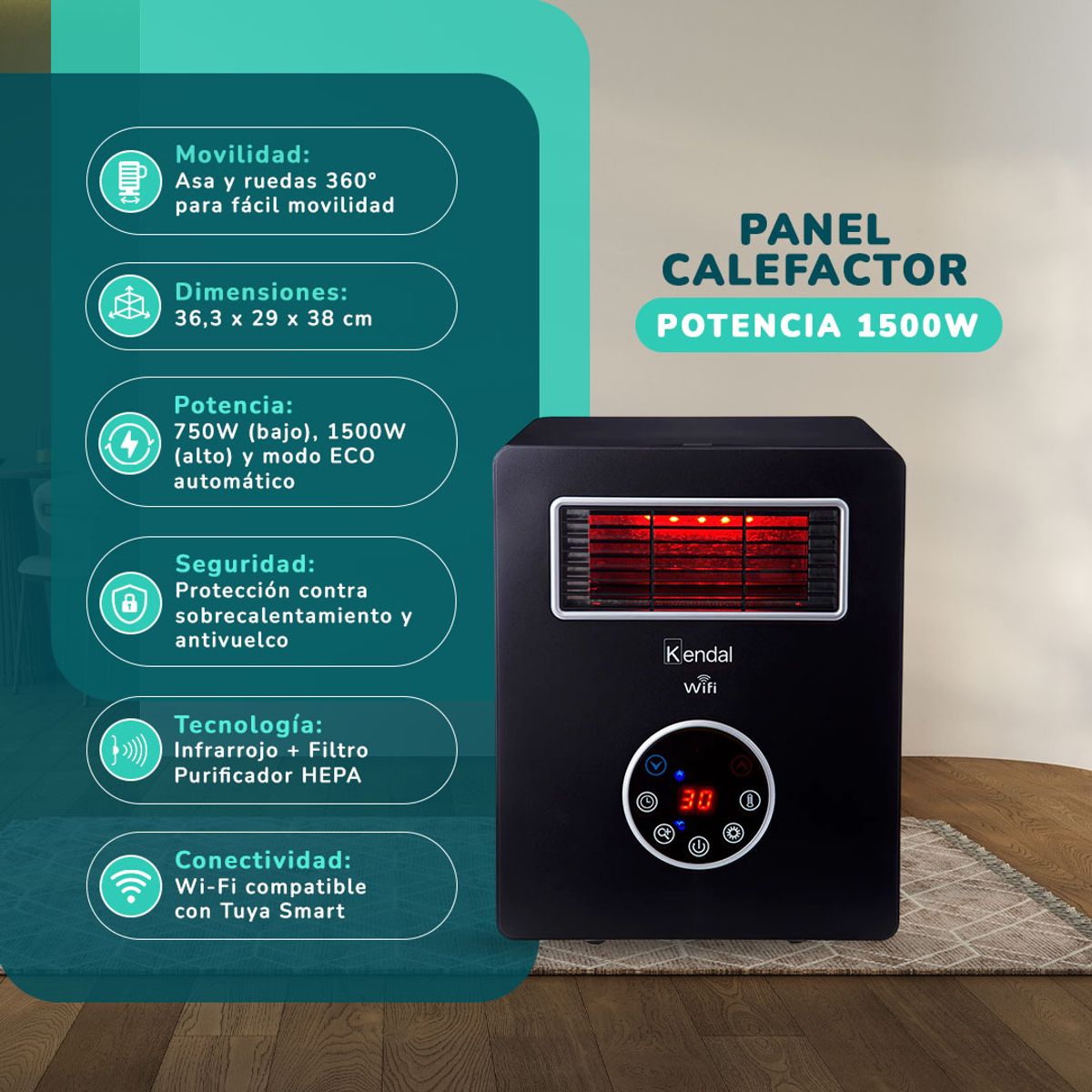 KENDAL - ESTUFA INFRARROJA KENDAL KPCH05A WIFI-FILTRO HEPA-30 m2- 1500w