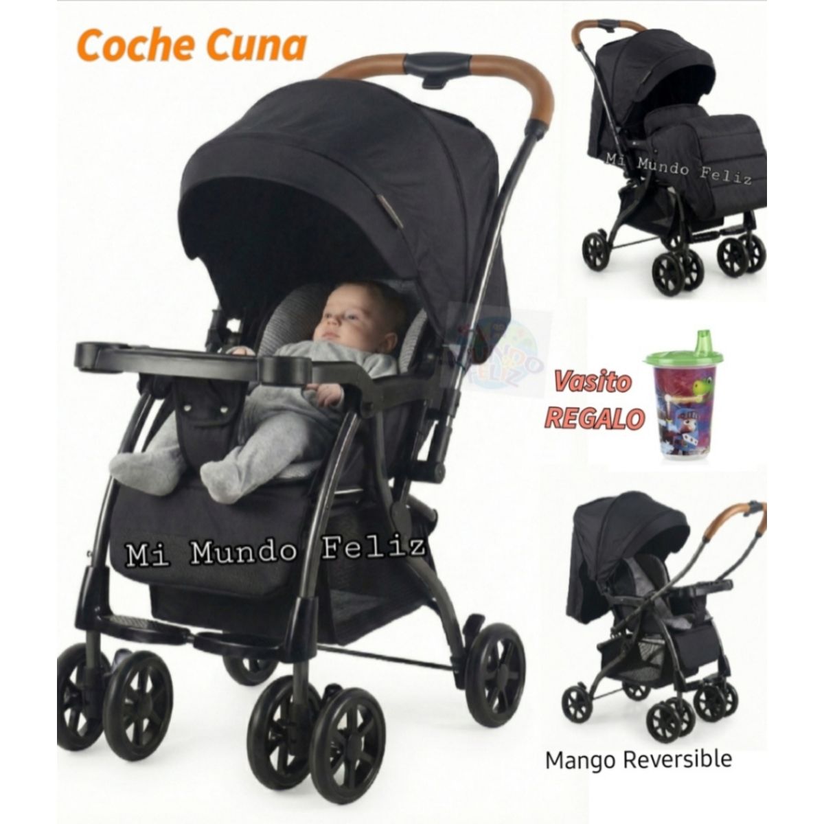 BABY HAPPY - Coche Cuna para Bebe Respaldar Reclinable Negro