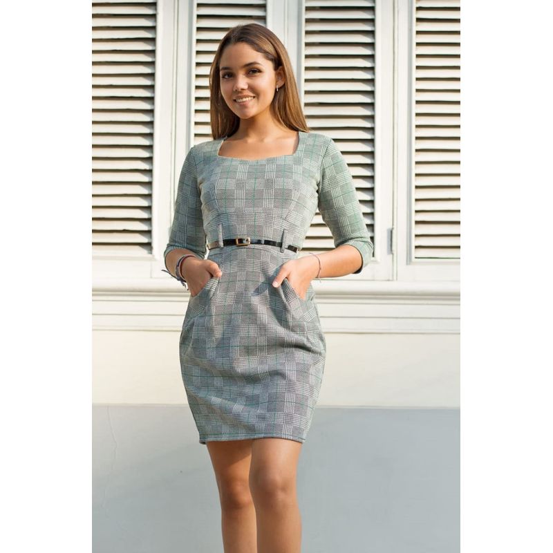 ARMA TU LOOK - VESTIDO ELIZABETH DE CUADROS ESCOCES MANGA TRES CUARTOS EJECUTIVO