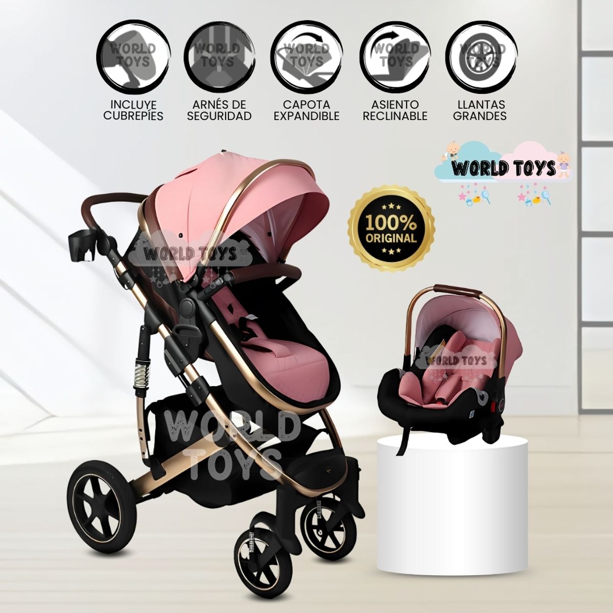 BABY - Coche Moisés con Porta bebé «TORETTO II» Pink
