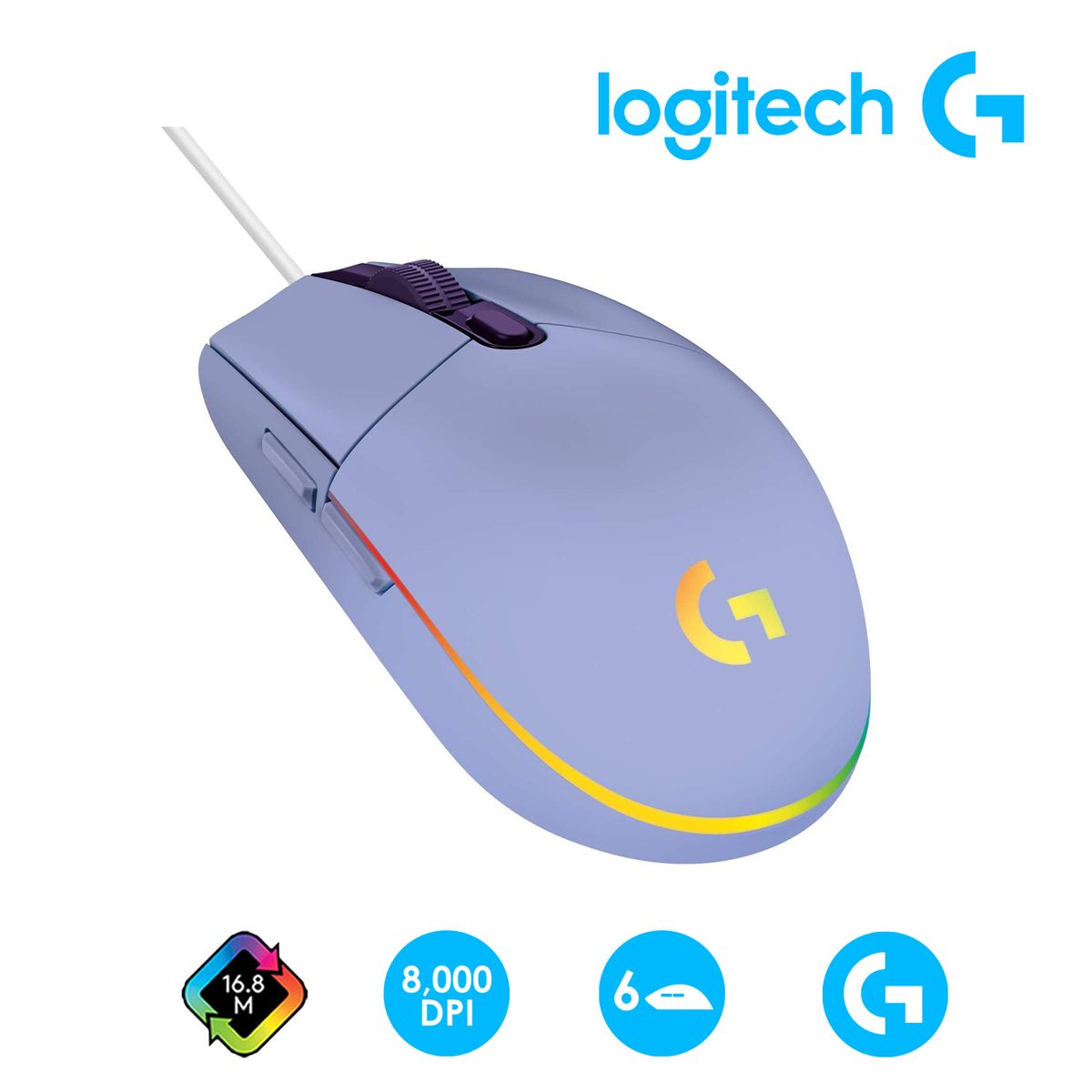 LOGITECH - Mouse Gaming G G203 Lightsync Rgb 8000 Dpi 6 Botones Lila