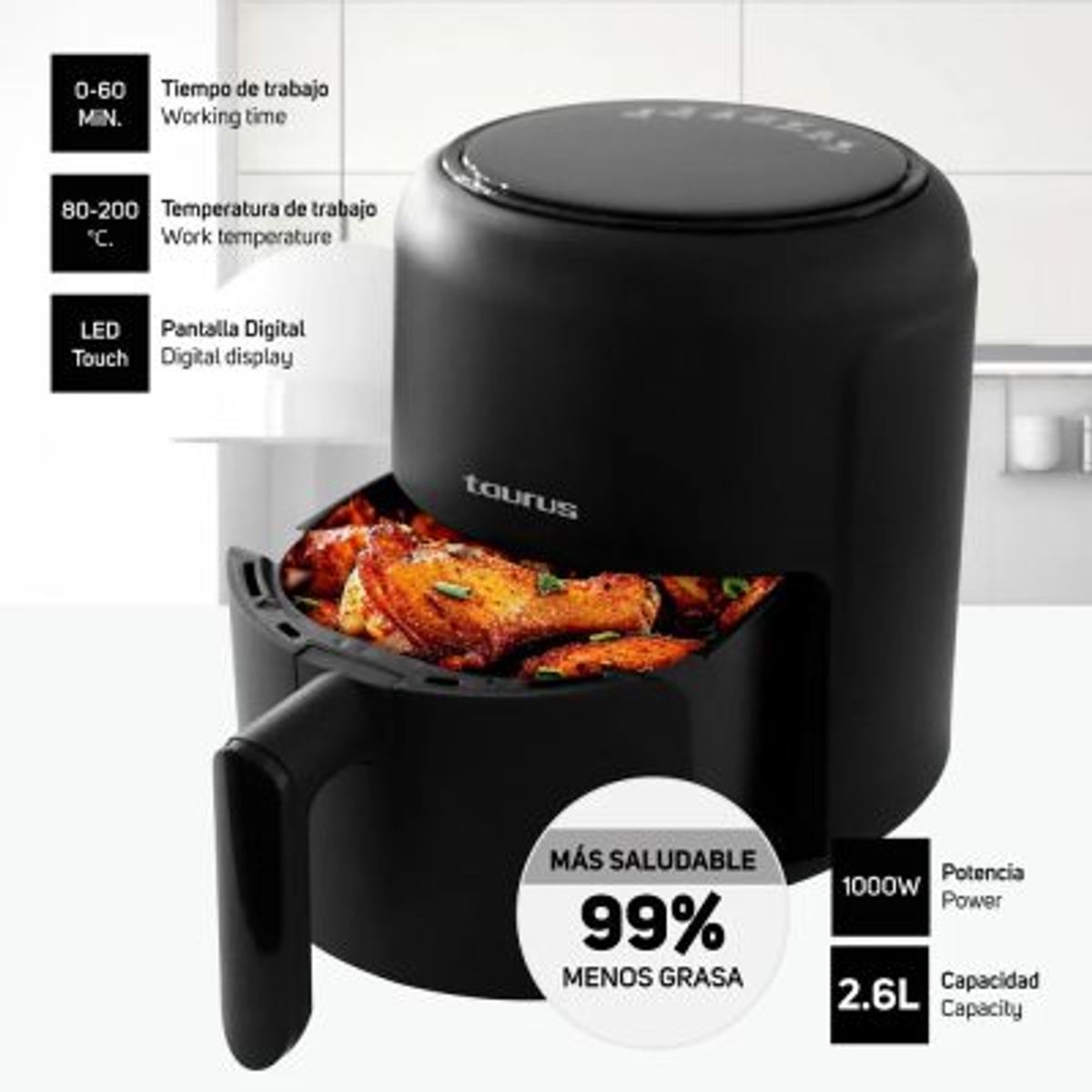 TAURUS - FREIDORA DE AIRE NEGRA 26L 1000W BLACK FRYER TAURUS