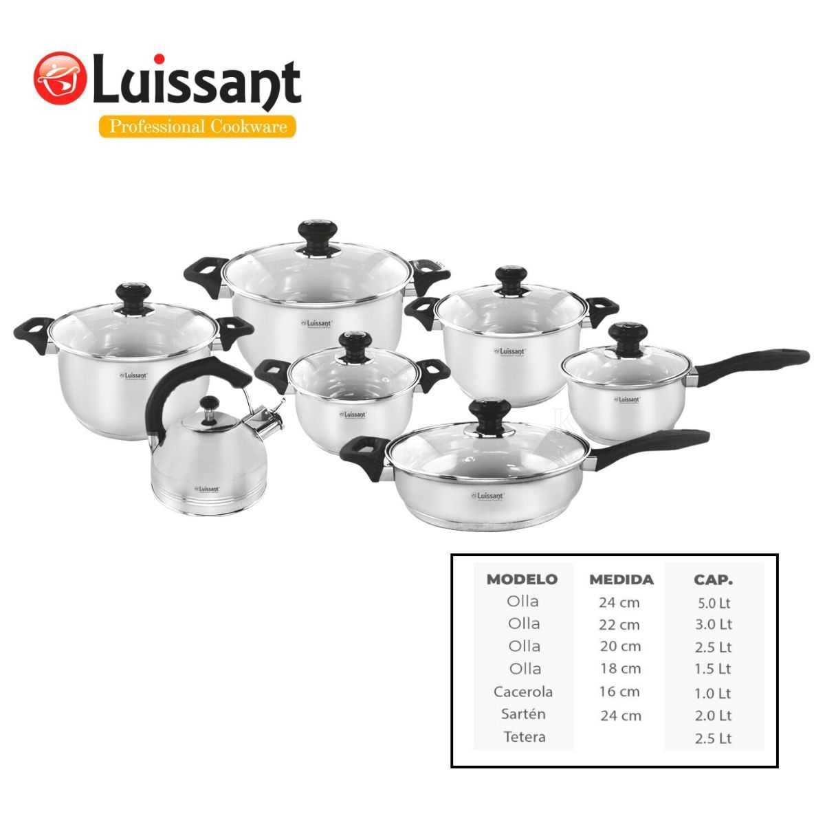 LUISSANT - JUEGO DE OLLAS DE 14 PZAS EN ACERO INOXIDABLE LUISSANT