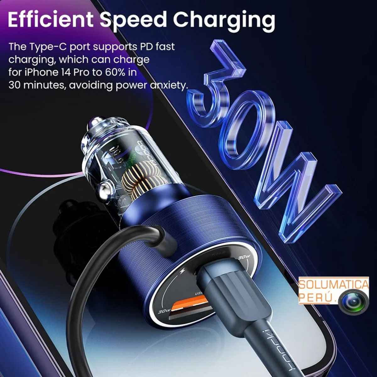 OEM - Cargador Para Auto Tipo C Usb - 60w Cable Retraible - Toocki