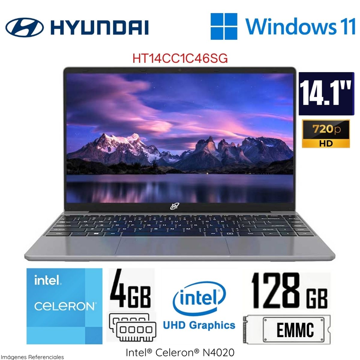 HYUNDAI - Laptop Hyundai Hybook Plus HT14CC1C46SG Intel Celeron N4020 4GB RAM 125GB SSD 14"  HD WIN 11 - Gris