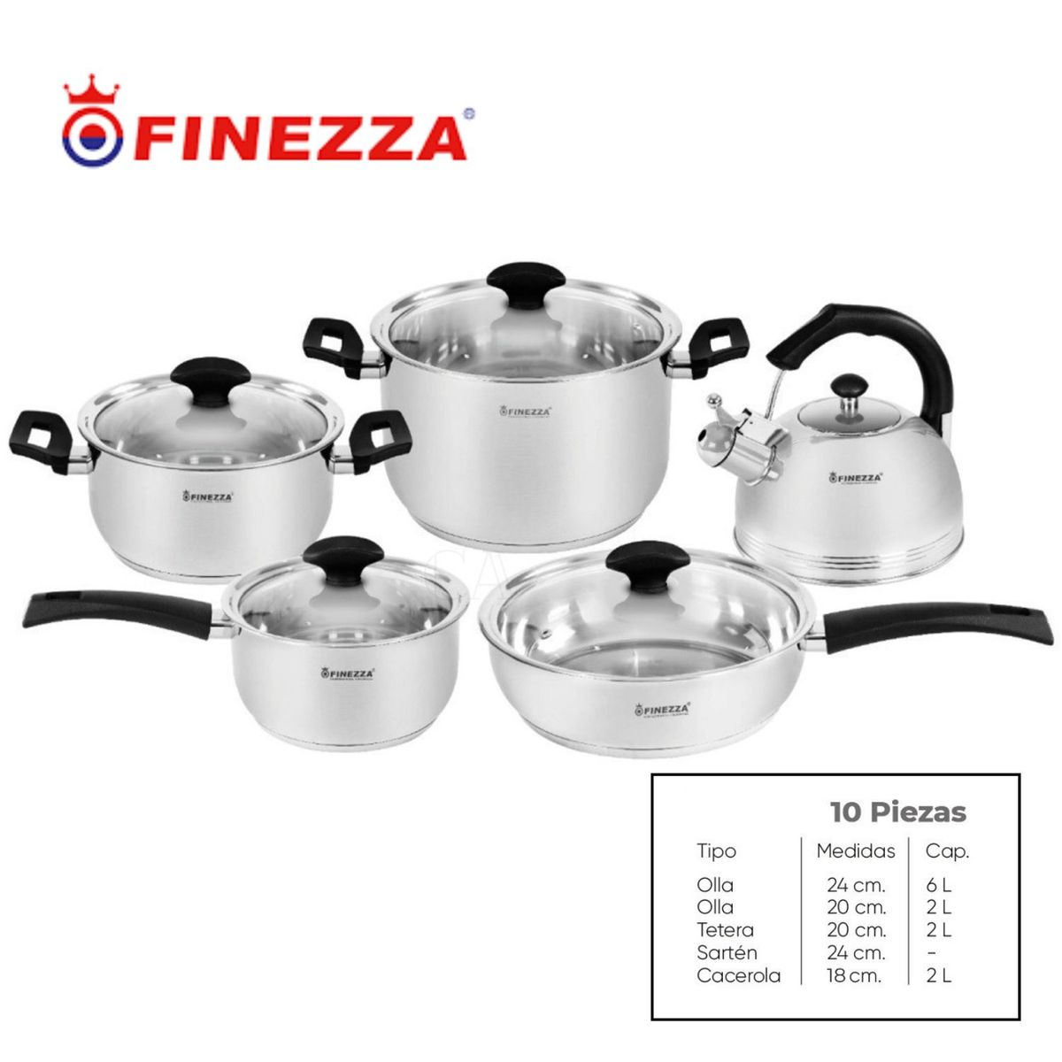 FINEZZA - JUEGO DE OLLAS DE 10 PIEZAS DE ACERO INOXIDABLE  FINEZZA