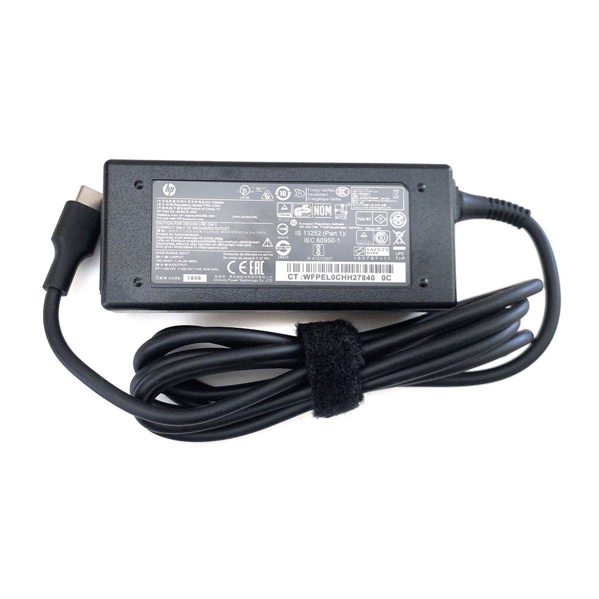 HP - CARGADOR PARA HP TPN-CA01 45W 15V 3A PUNTA USB-C NEGRO PN 843319-002