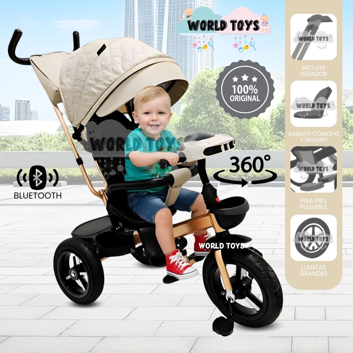 BEAUTIFUL - Triciclo Giratorio 3 en 1 «SMART PREMIUM» Bluetooth Beige