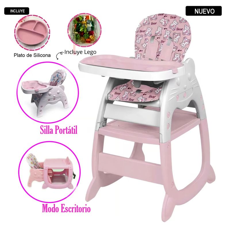 BABY - Silla con carpeta 3 en 1 comer/estudiar/jugar Gato Rosado