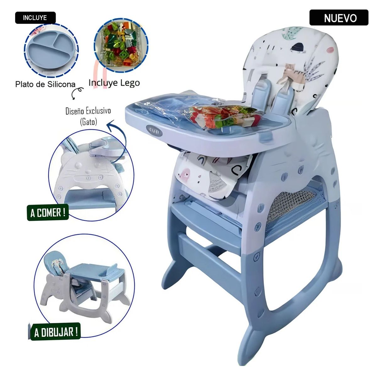 GENERICO - Silla con carpeta 3 en 1 comer/estudiar/jugar Gato Azul