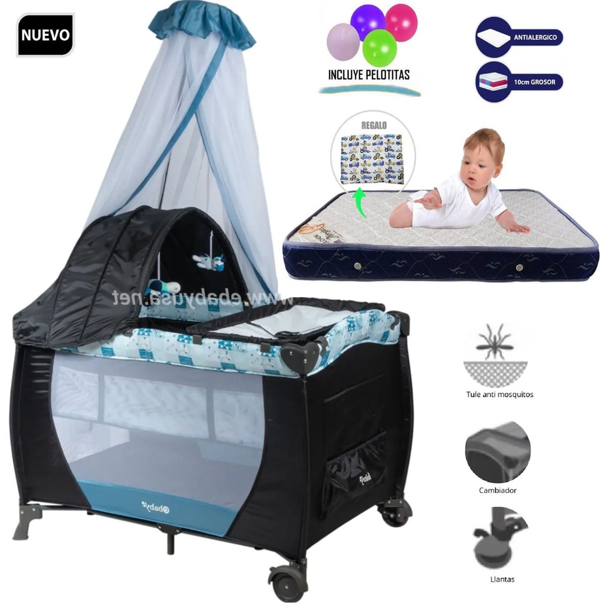 EBABY - Cuna Corral Mecedora con Cambiador SALLY 716 + Colchón 4.5"