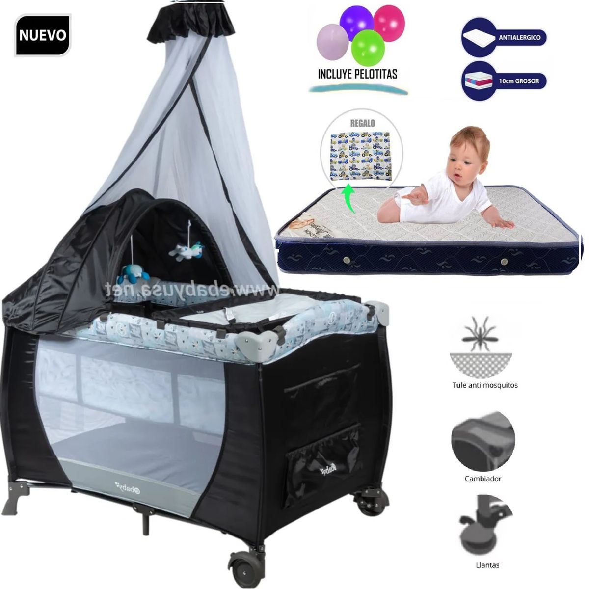 EBABY - Cuna Corral Mecedora con Cambiador SALLY 716 + Colchón 4.5"