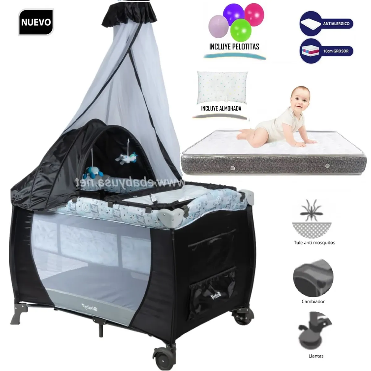 EBABY - Cuna Corral Mecedora con Cambiador SALLY 716 + Colchón 4.5"