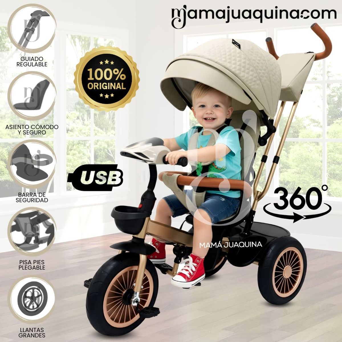 KIDS - Triciclo Guiador «LUCIAN II» con Bluetooth Beige