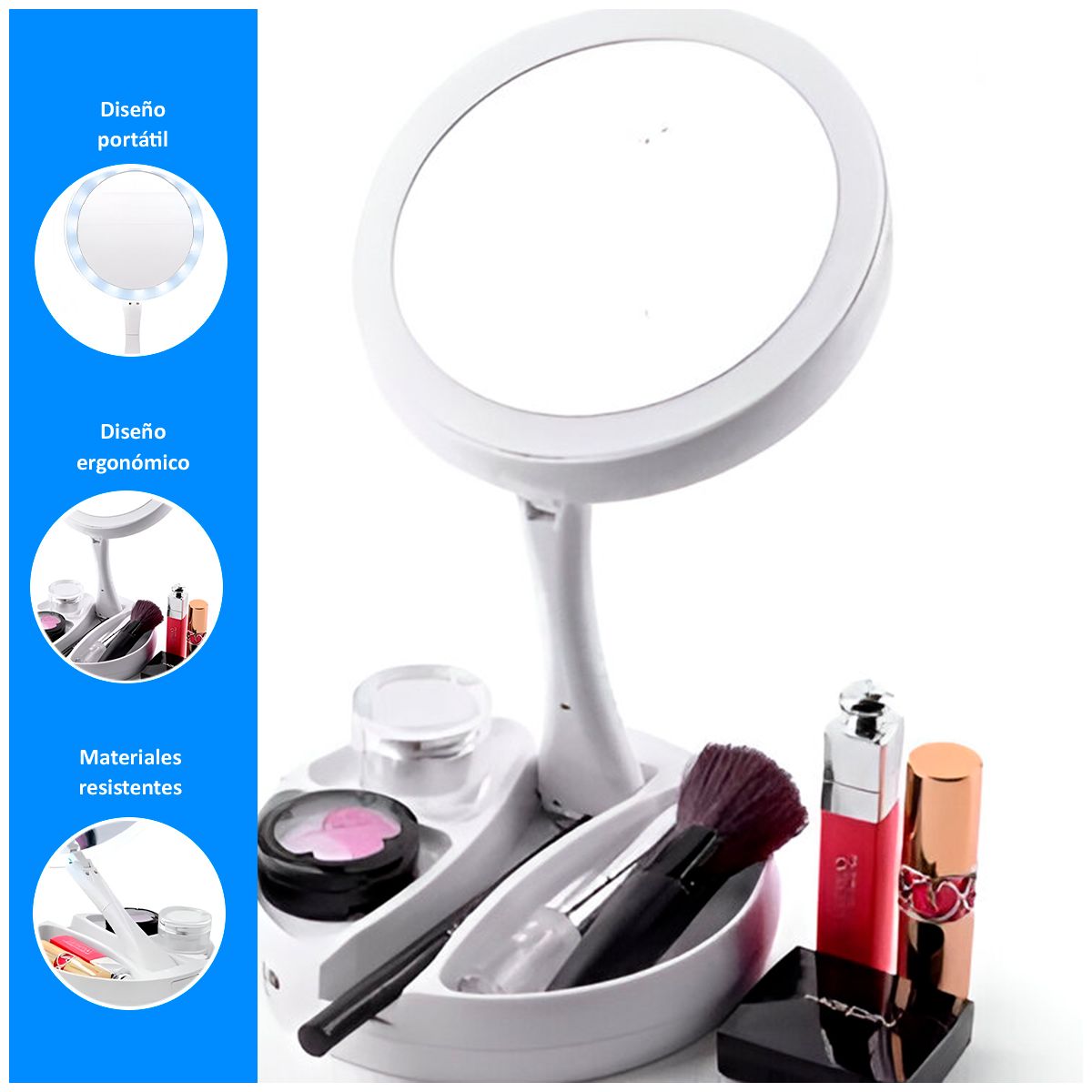 GENERICO - Espejo con Luz LED Circular con Ampliaciones Portátiles