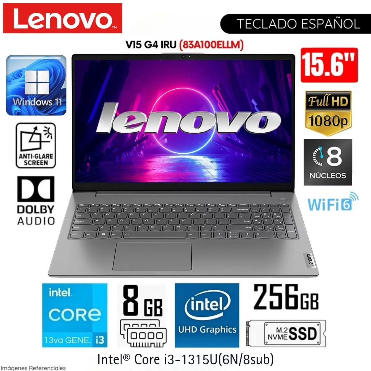 LENOVO - Laptop Lenovo V15 G4 IRU Intel Core i3-1315U 8GB RAM 256GB SSD 15,6  pulg FHD - 83A100ELLM
