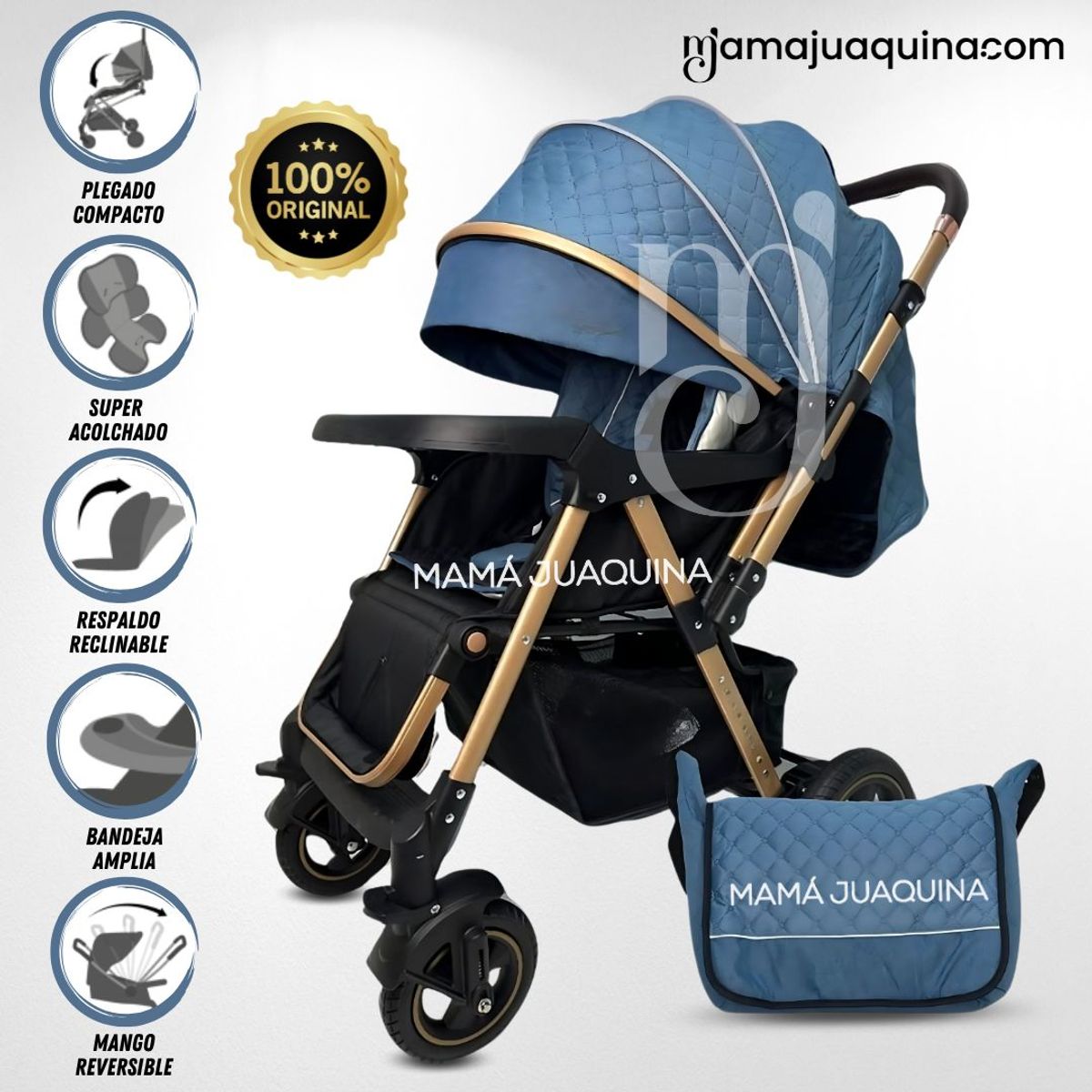 BABY - Coche Cuna de Lujo «BOMBSHELL» con Bolso Pañalero Blue