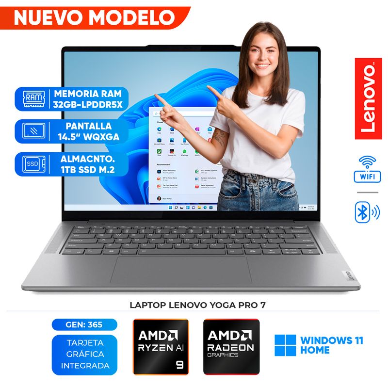 LENOVO - Laptop LENOVO Yoga Pro 7 14ASP9, AMD RYZEN AI 9 365, RAM 32GB LPDDR5x, 1TB SSD, 14.5" WQXGA + OLED