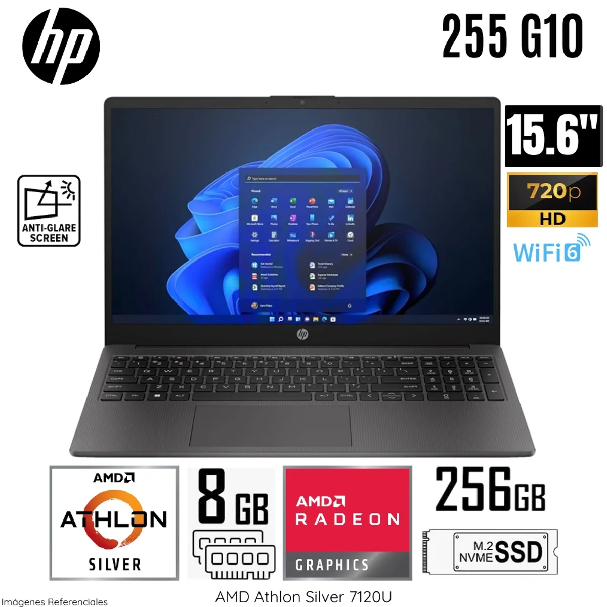 HP - Laptop HP 255 G10 AMD Athlon Silver 7-120U 8GB RAM 256GB SSD 15.6"  HD Free Dos (9E527LA#ABM) - Gris