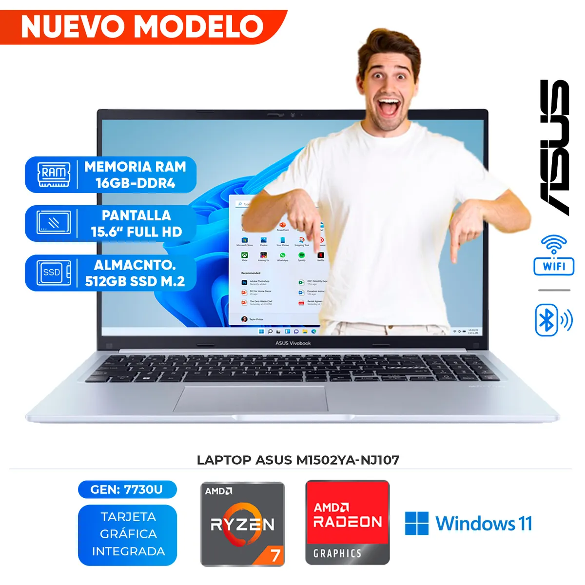 ASUS - Laptop ASUS M1502YA-NJ107, AMD Ryzen 7 7730U, 16GB DDR4, 512 GB SSD, 15.6" FHD LED Backlit