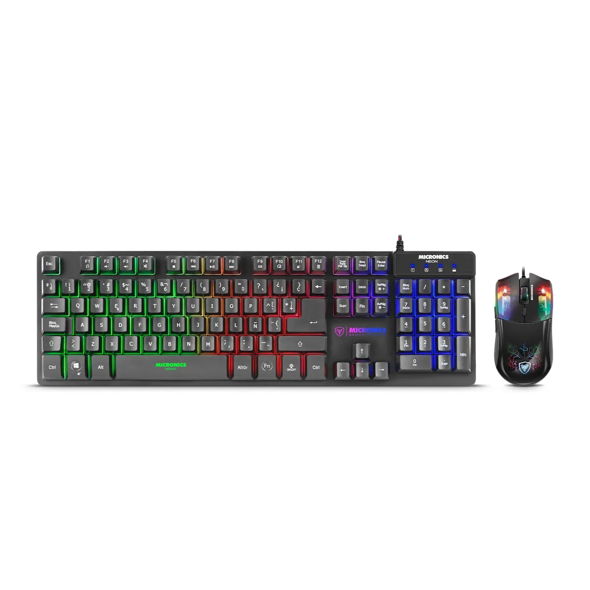 MICRONICS - Kit Gamer Teclado Rainbow y Mouse RGB USB NEON MIC GT1000 MICRONICS