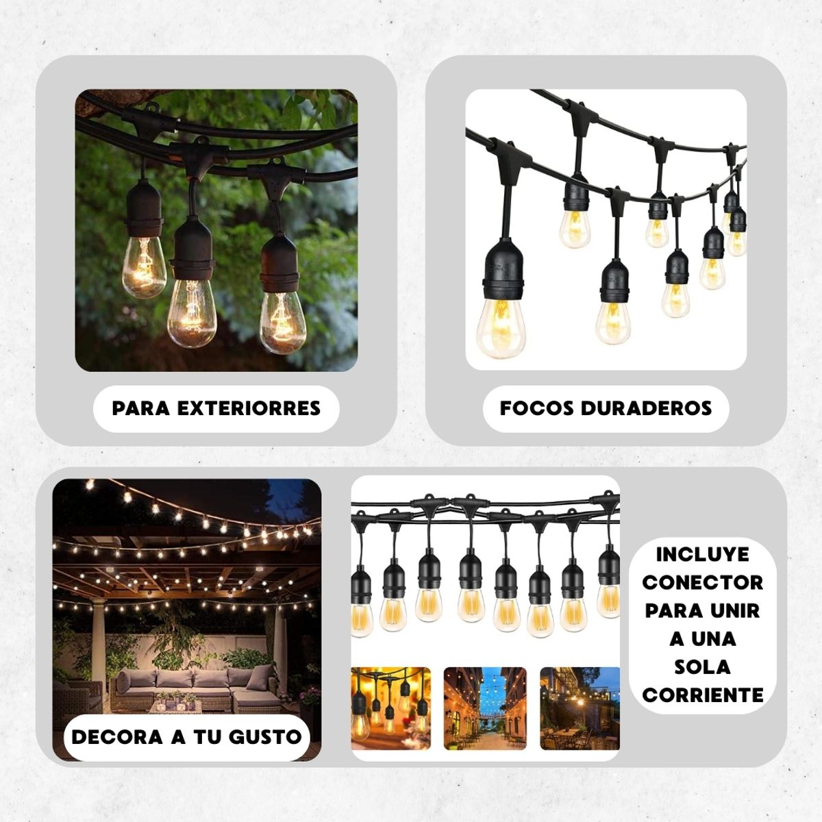 GENERICO - Guirnalda para Exterior 5M x 10 Focos Impermeable Vintage Cable Grueso