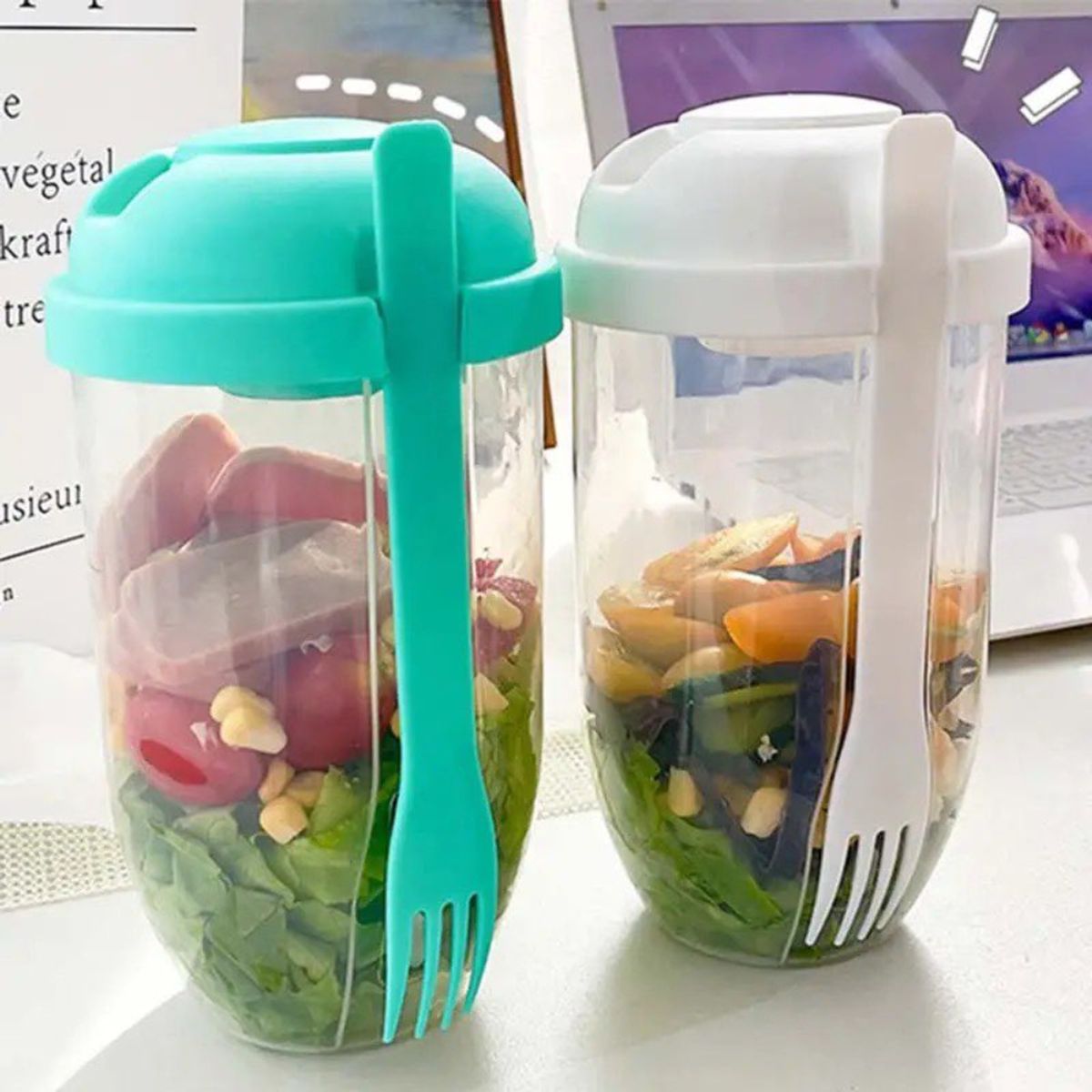 GENERICO - Vaso Mezclador Porta Ensaladas Frutas Cereales Yogurt con Tenedor