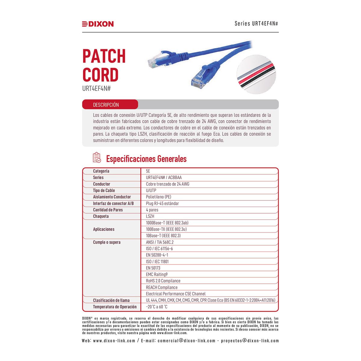 DIXON - Cable Patch Cord Dixon 1 Metro UTP Cat.5e 24 AWG COBRE LSZH RoHS Azul