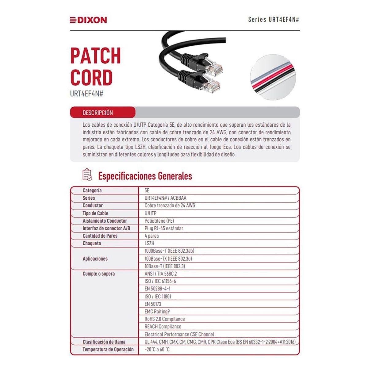 DIXON - Cable Patch Cord Dixon 2Metros UTP Cat.5e 24 AWG COBRE LSZH RoHS Negro