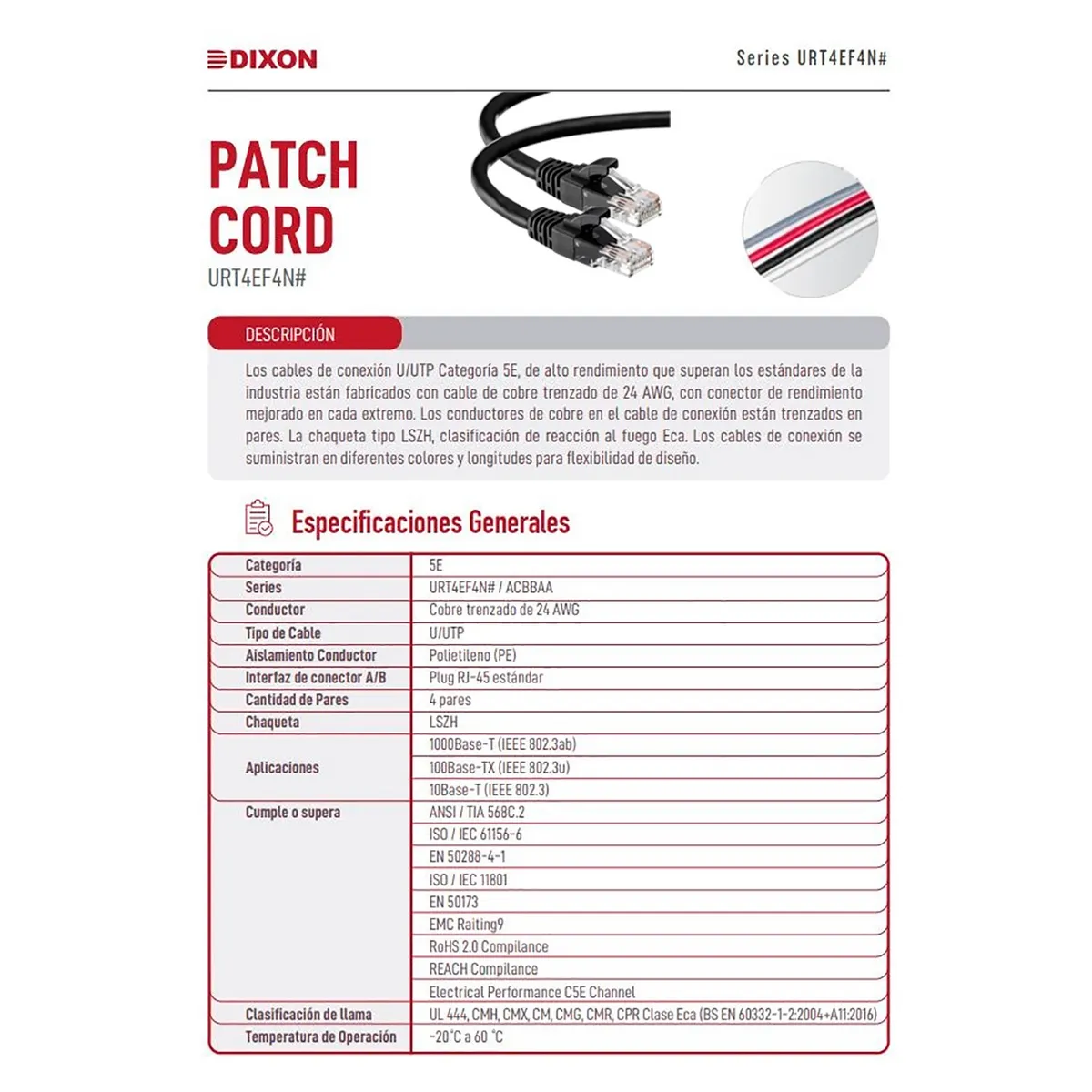 DIXON - Cable Patch Cord Dixon 3Metros UTP Cat.5e 24 AWG COBRE LSZH RoHS Negro