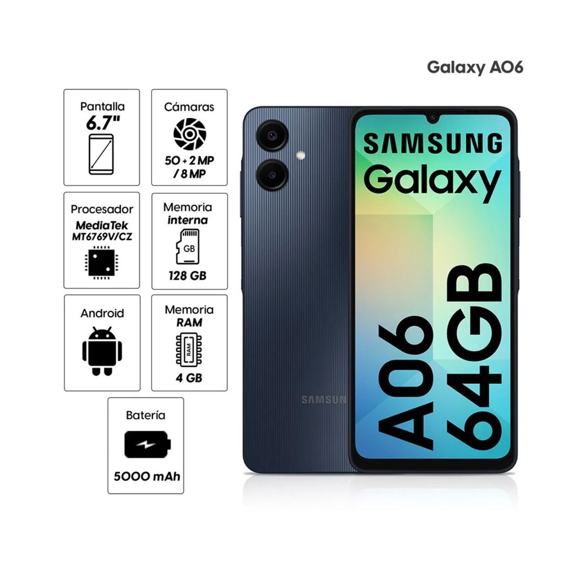 SAMSUNG - Samsung Galaxy A06 4G 128GB 4GB RAM cámara principal 50MP + 2MP frontal 8MP NEGRO