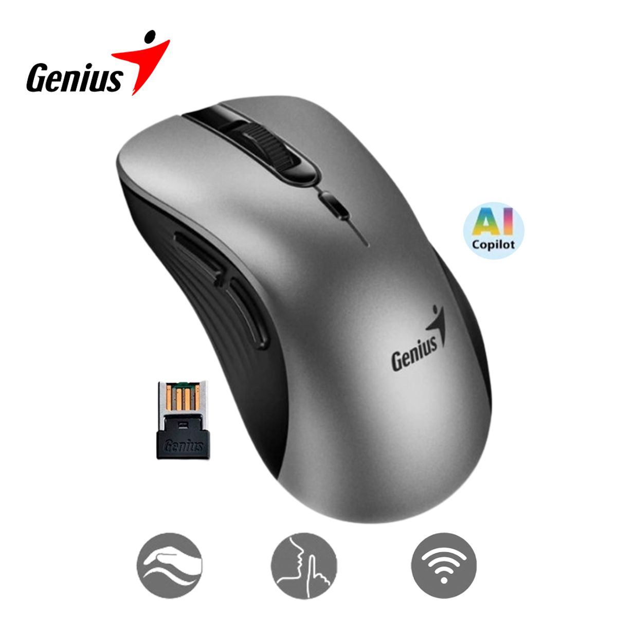 GENIUS - Mouse Inalambrico Ergo8100S AI 6 botones 1600Dpi Recep USB Gris Plata
