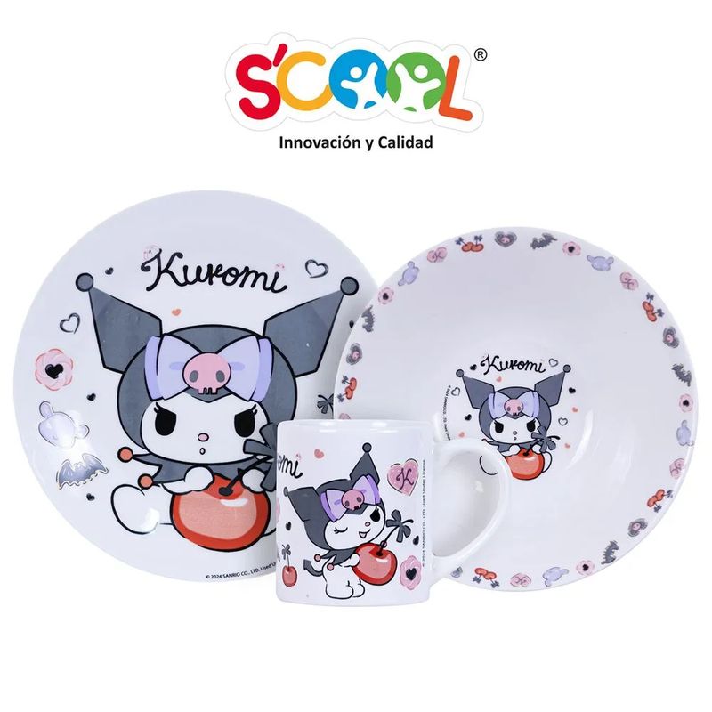 SCOOL - Scool Set vajilla de ceramica por 3 piezas Plato Bolo y Taza Kuromi