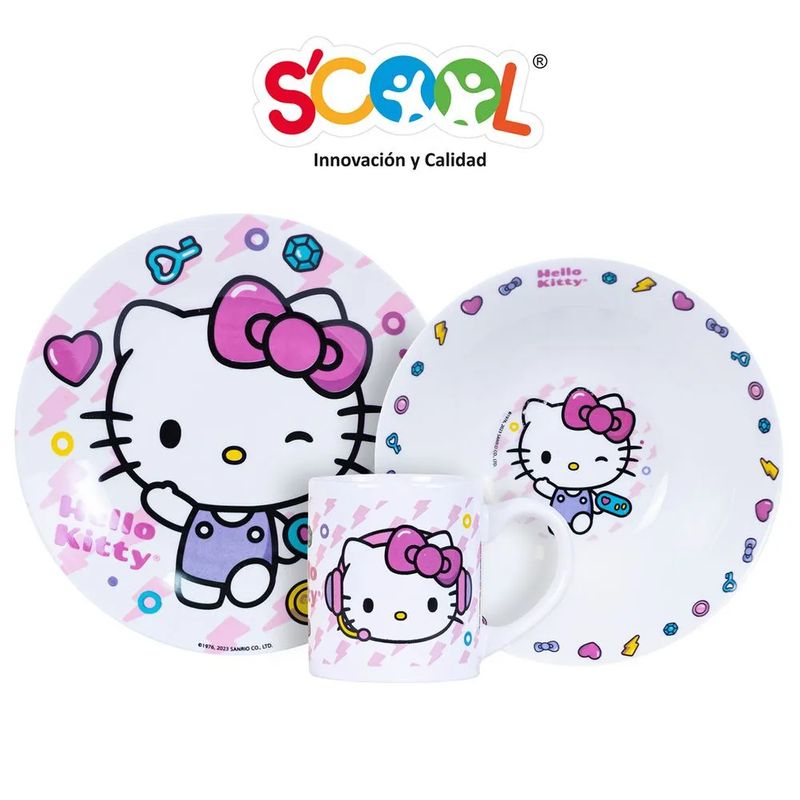 SCOOL - Scool Set vajilla de ceramica por 3 piezas Plato Bolo y Taza Hello Kitty