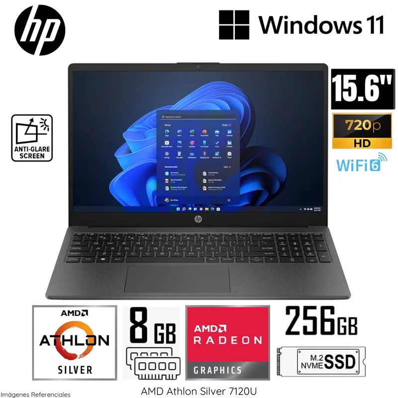 HP - Laptop HP 255 G10 AMD Athlon Silver 7-120U 8GB RAM 256GB SSD 15.6"  HD Win11  (9E527LA#ABM) - Gris