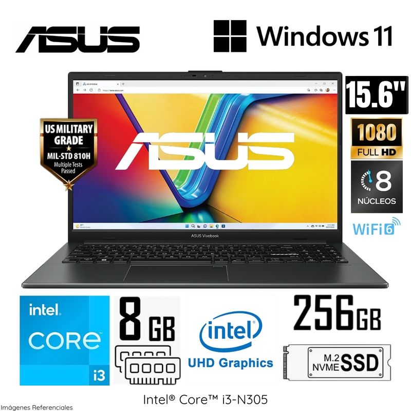 ASUS - Laptop Asus VivaBook Go 15 E1504GA-NJ006W Intel Core i3-N305 8GB RAM 256GB 15.6"  FHD Windows 11 Home