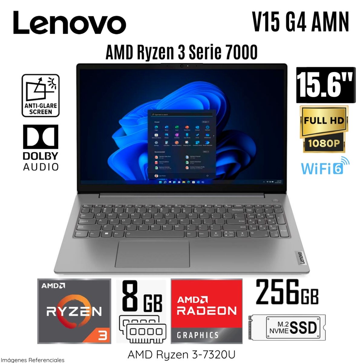 LENOVO - Laptop Lenovo V15 G4 AMN AMD Ryzen 3-7320U 8GB RAM DDR5 256GB SSD 15.6 FHD Free Dos - 82YU00X4LM