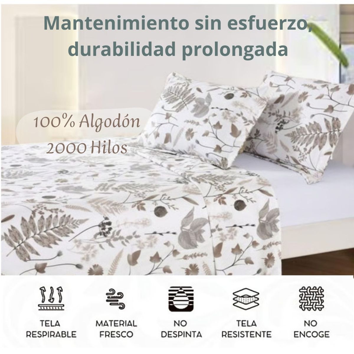 PENTHA - Juego de Sábanas 100% Algodón 2Plazas 4 Piezas 2000 Hilos Blanco Café