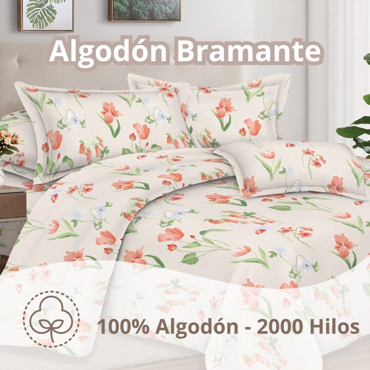 PENTHA - Juego de Sábanas 100% Algodón 2Plazas 4 Piezas 2000 Hilos Blanco Melón