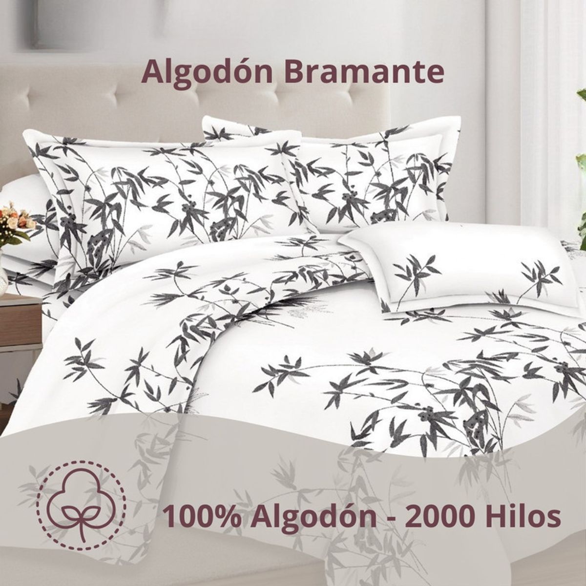 PENTHA - Juego de Sábanas 100% Algodón 2Plazas 4 Piezas 2000 Hilos Blanco Negro