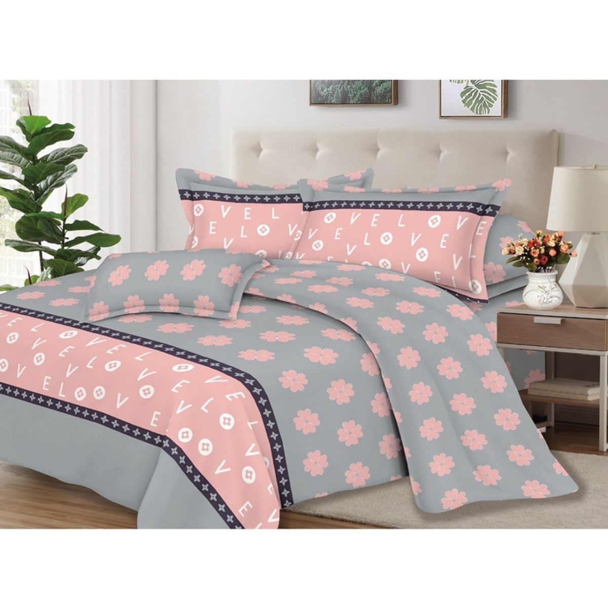 PENTHA - Juego de Sábanas 100% Algodón 2Plazas 4 Piezas 2000 Hilos Rosa Gris