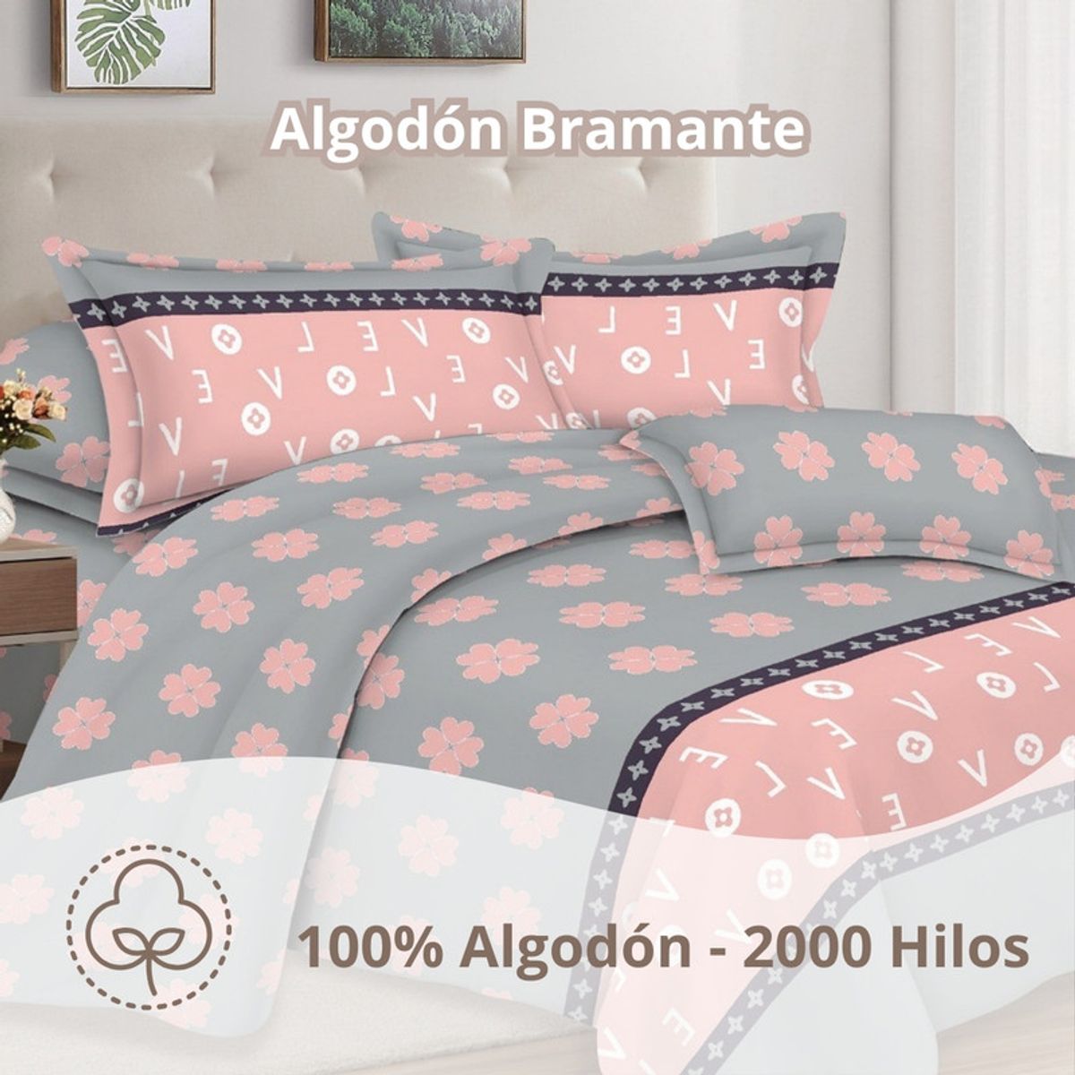 PENTHA - Juego de Sábanas 100% Algodón 2Plazas 4 Piezas 2000 Hilos Rosa Gris