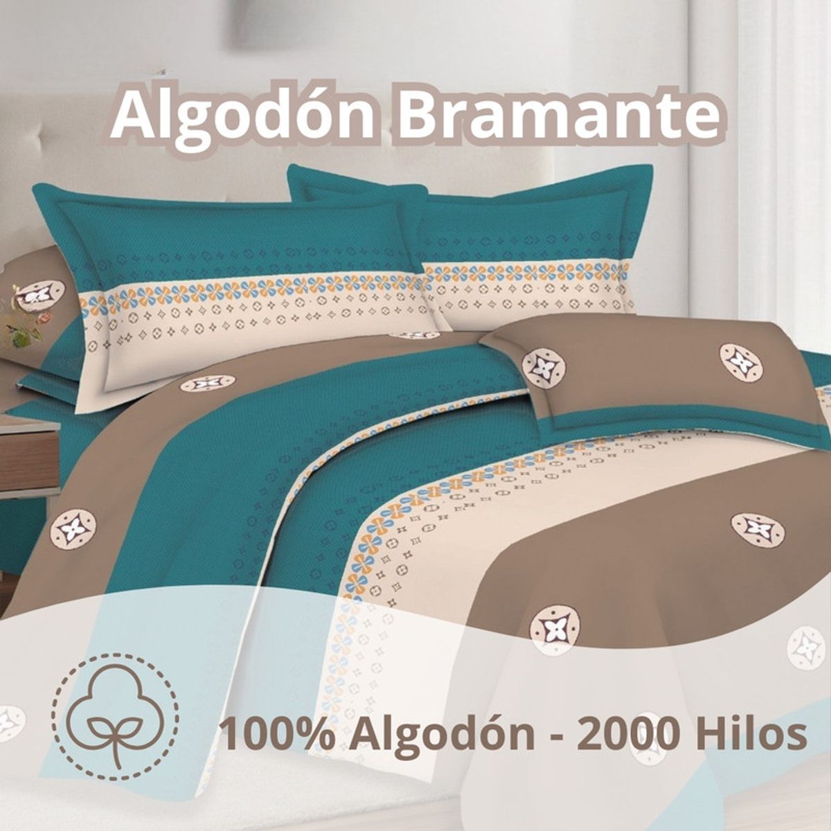 PENTHA - Juego de Sábanas 100% Algodón 2Plazas 4 Piezas 2000 Hilos Turqueza Beige